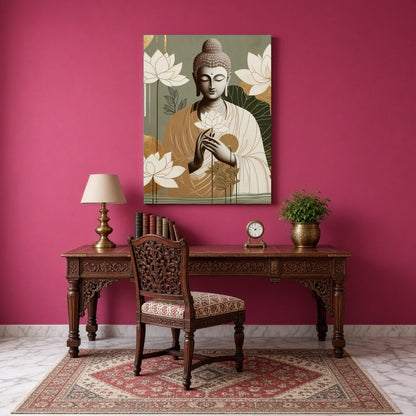 This art piece captures the serene essence of Lord Buddha cradling delicate lotus blossoms. With a for Study