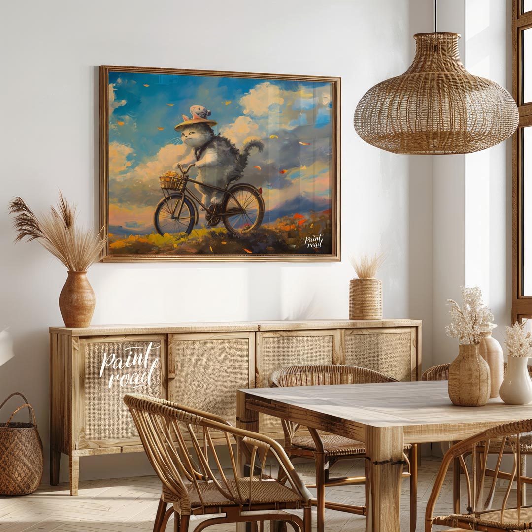This beautiful digital painting depicts a fluffy grey and white cat, wearing a straw hat adorned wi… for dining room