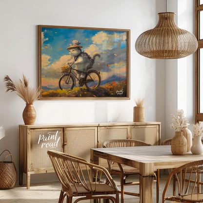 This beautiful digital painting depicts a fluffy grey and white cat, wearing a straw hat adorned wi… for dining room