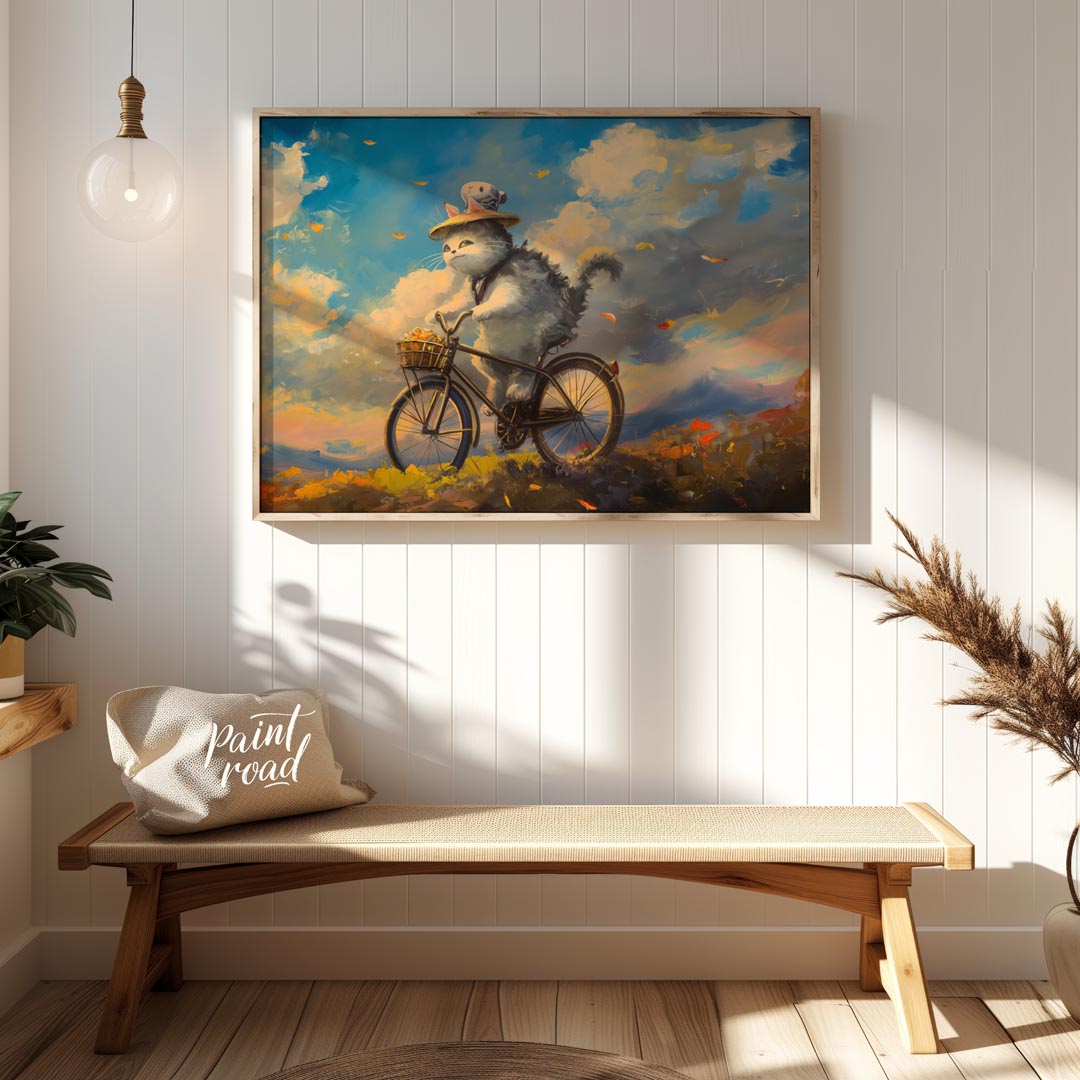 This beautiful digital painting depicts a fluffy grey and white cat, wearing a straw hat adorned wi… for entryway