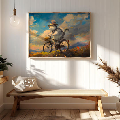 This beautiful digital painting depicts a fluffy grey and white cat, wearing a straw hat adorned wi… for entryway