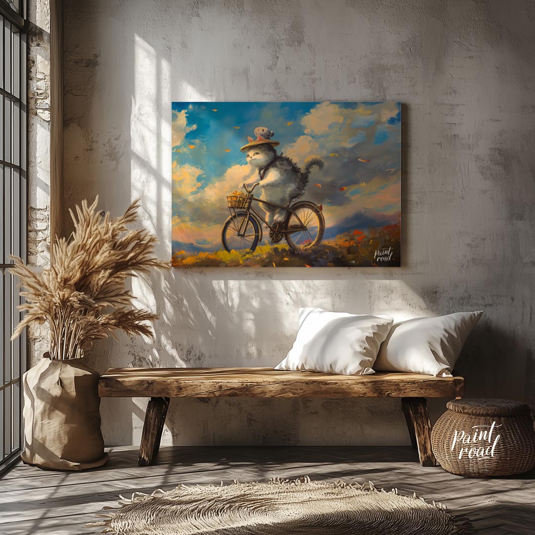This beautiful digital painting depicts a fluffy grey and white cat, wearing a straw hat adorned wi… for entryway