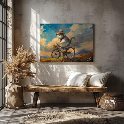 This beautiful digital painting depicts a fluffy grey and white cat, wearing a straw hat adorned wi… for entryway