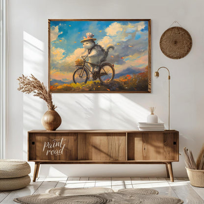 This beautiful digital painting depicts a fluffy grey and white cat, wearing a straw hat adorned wi… for living room