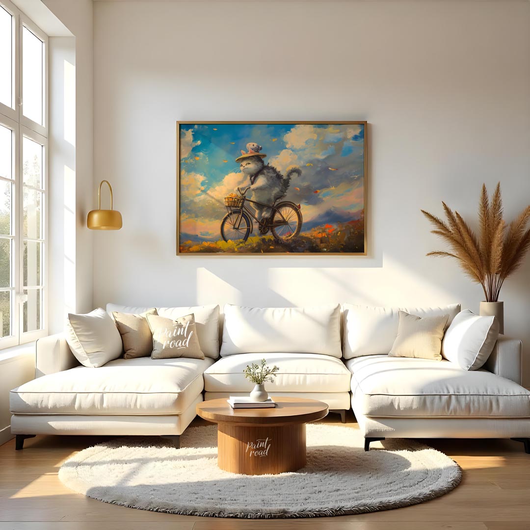 This beautiful digital painting depicts a fluffy grey and white cat, wearing a straw hat adorned wi… for living room