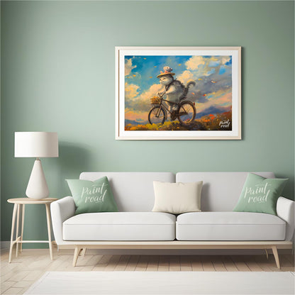 This beautiful digital painting depicts a fluffy grey and white cat, wearing a straw hat adorned wi… for living room