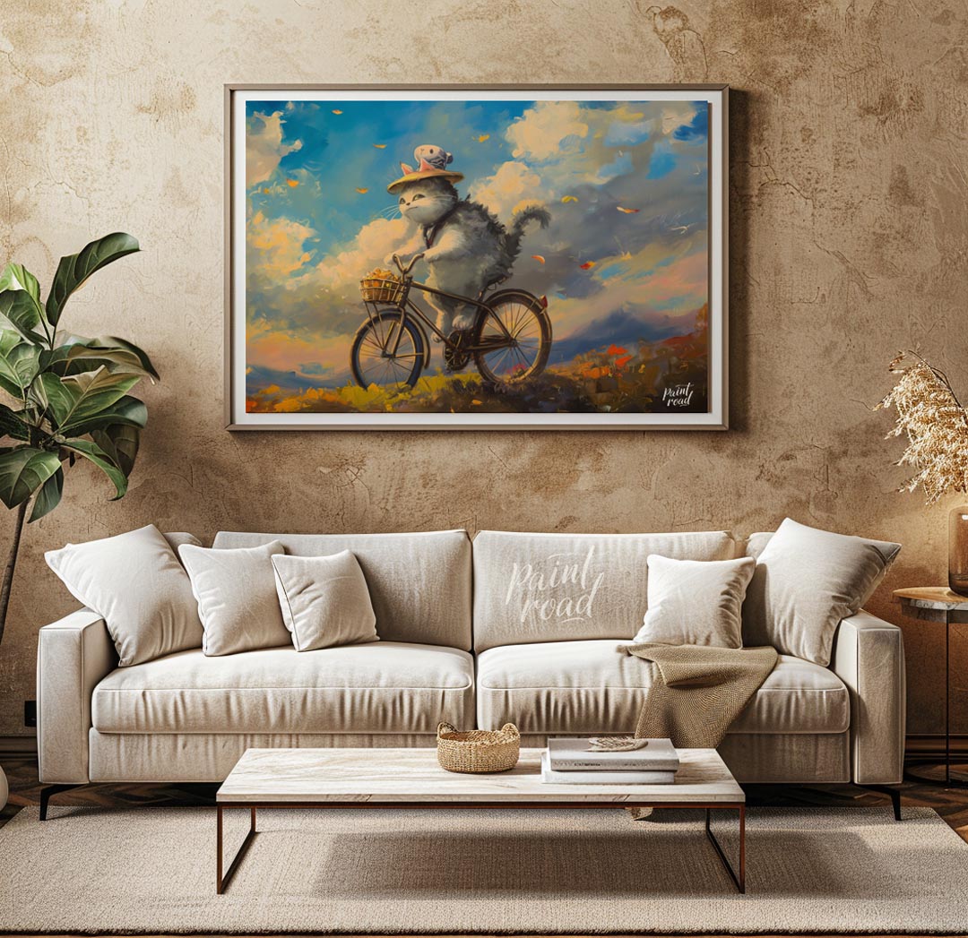This beautiful digital painting depicts a fluffy grey and white cat, wearing a straw hat adorned wi… for living room