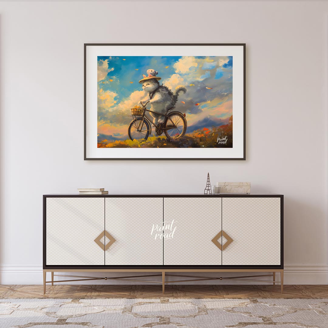 This beautiful digital painting depicts a fluffy grey and white cat, wearing a straw hat adorned wi… for living room