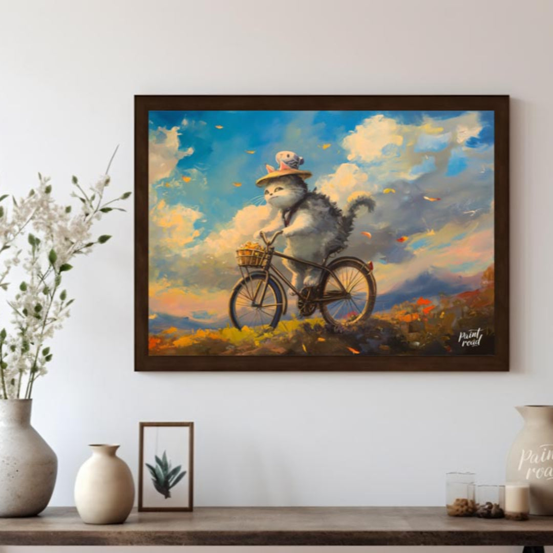 This beautiful digital painting depicts a fluffy grey and white cat, wearing a straw hat adorned wi… for living room