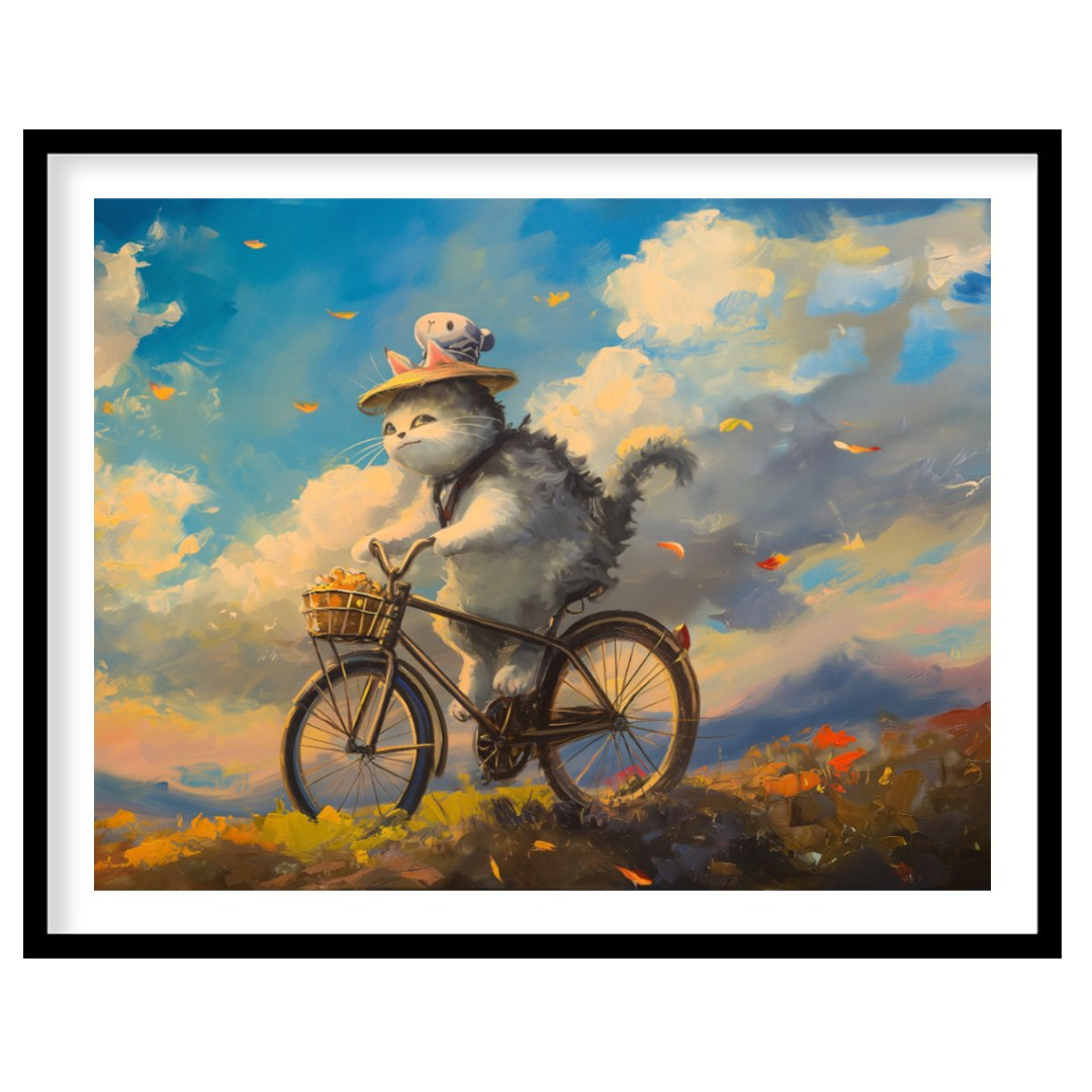 This beautiful digital painting depicts a fluffy grey and white cat, wearing a straw hat adorned wi… for lovely house
