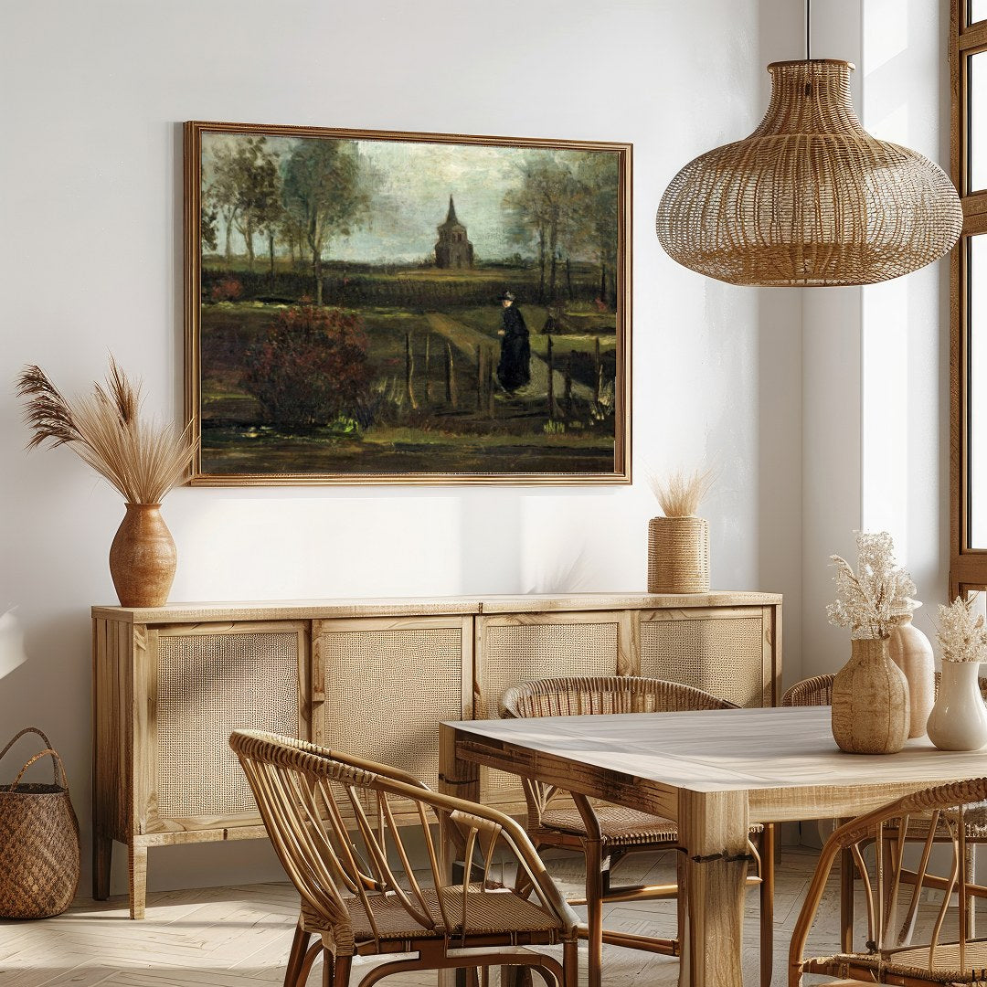Immerse yourself in the tranquil beauty of this pastoral landscape, capturing a solitary figure for Dining