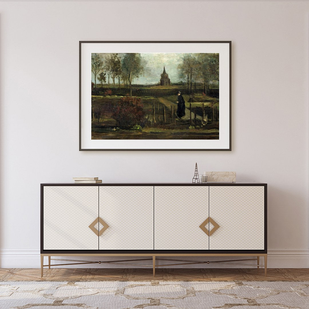 Immerse yourself in the tranquil beauty of this pastoral landscape, capturing a solitary figure for Foyer