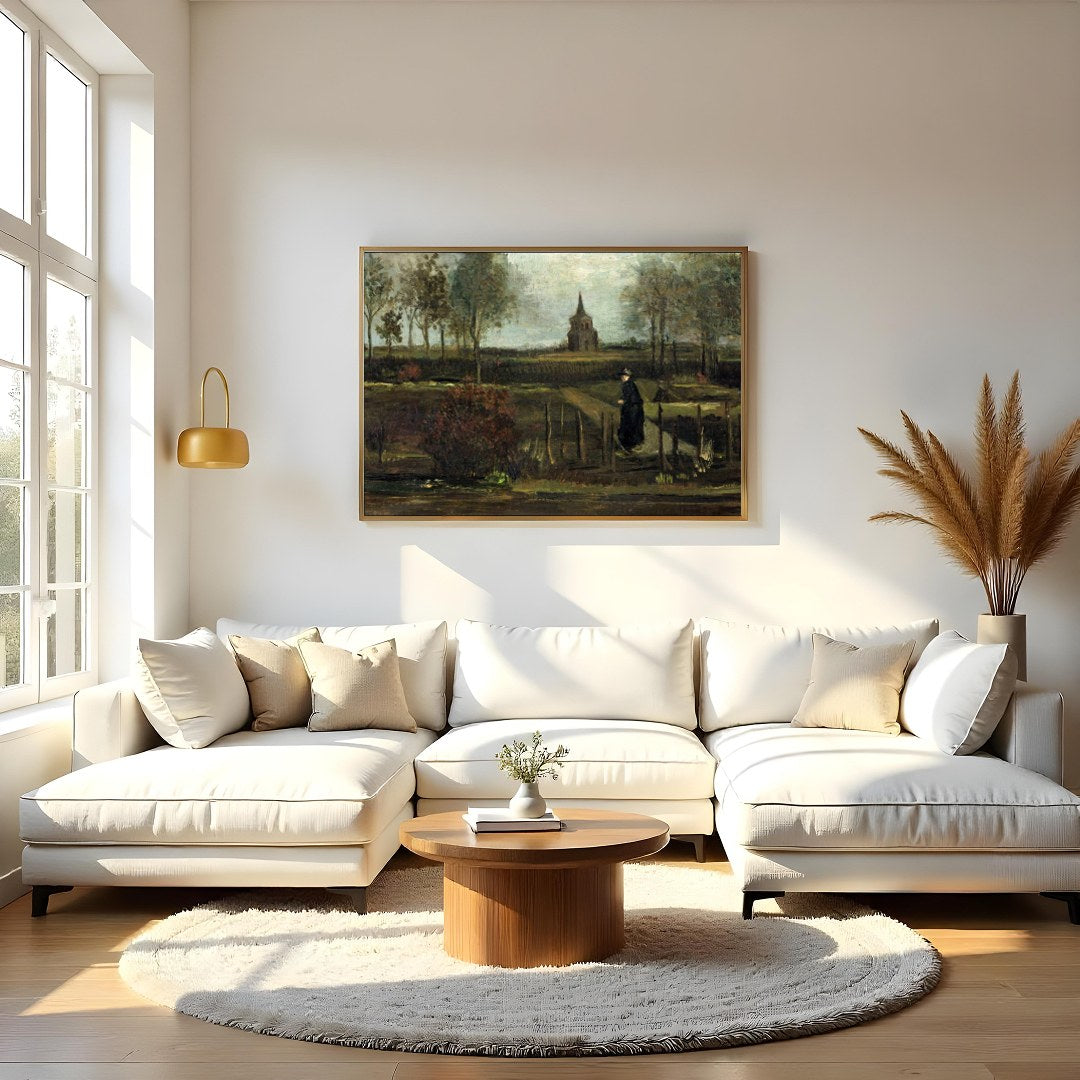 Immerse yourself in the tranquil beauty of this pastoral landscape, capturing a solitary figure for Living Room