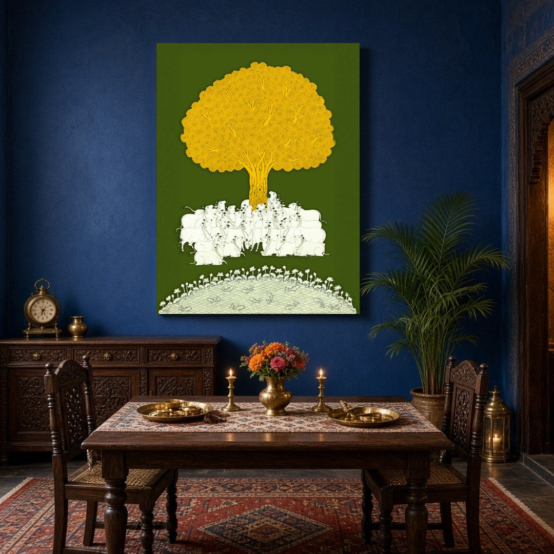 Immerse yourself in the tranquil beauty of this Pichwai artwork, depicting a serene gathering of for Dining