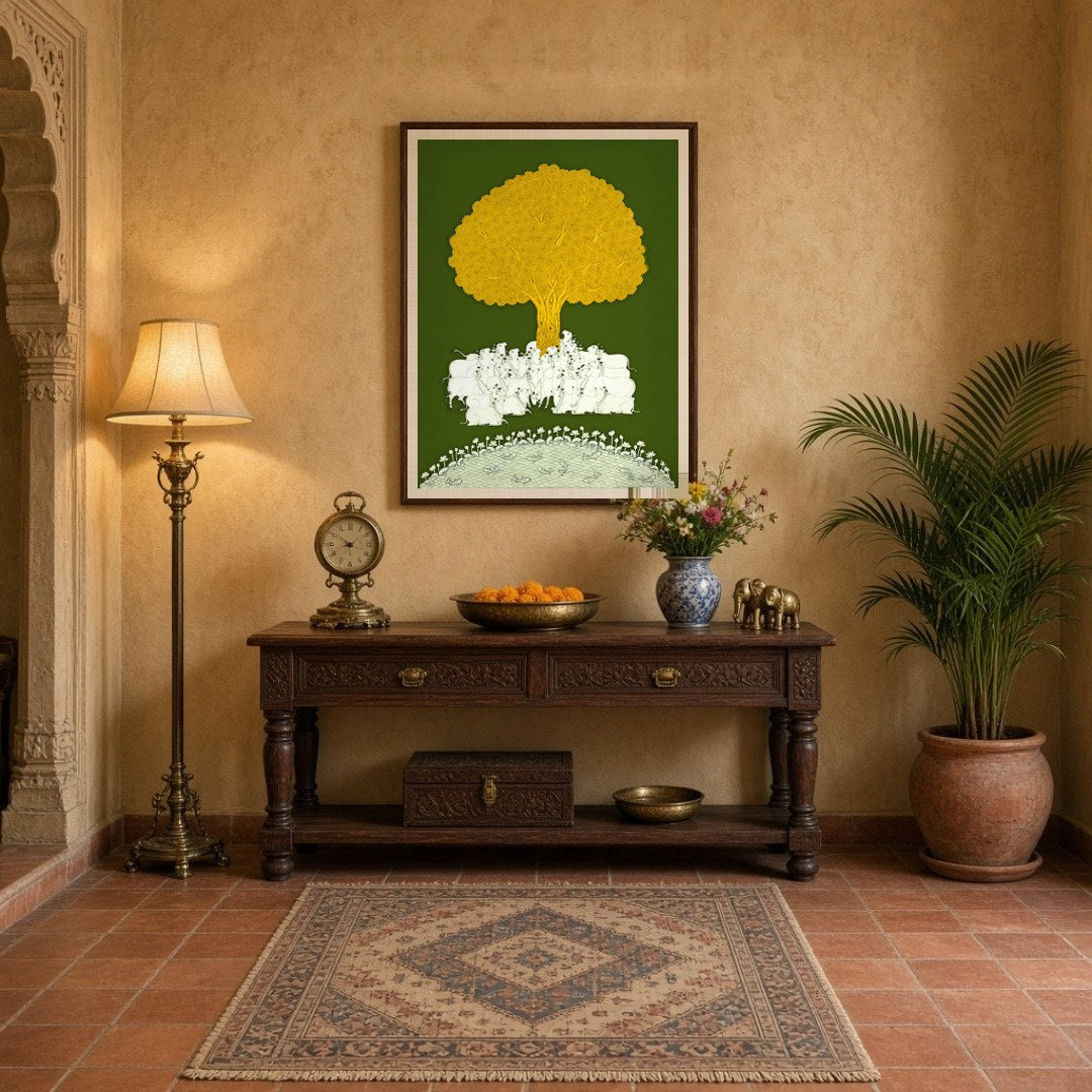 Immerse yourself in the tranquil beauty of this Pichwai artwork, depicting a serene gathering of for Entrance