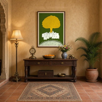 Immerse yourself in the tranquil beauty of this Pichwai artwork, depicting a serene gathering of for Entrance