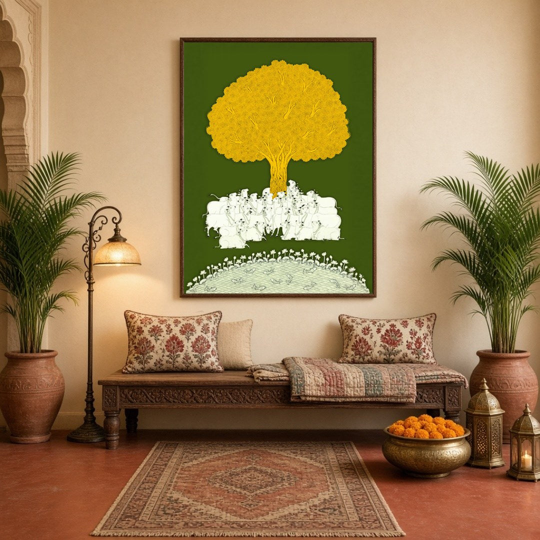 Immerse yourself in the tranquil beauty of this Pichwai artwork, depicting a serene gathering of for Hallway