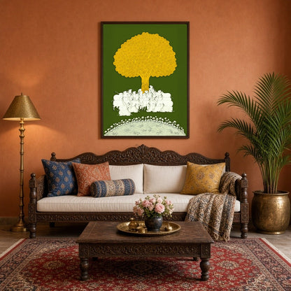Immerse yourself in the tranquil beauty of this Pichwai artwork, depicting a serene gathering of for Living Room