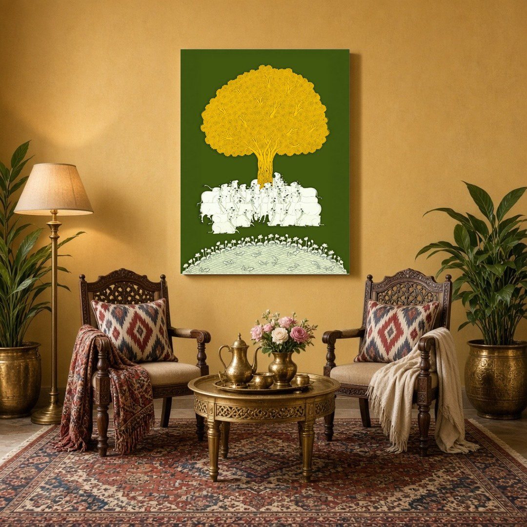Immerse yourself in the tranquil beauty of this Pichwai artwork, depicting a serene gathering of for Sitting Area
