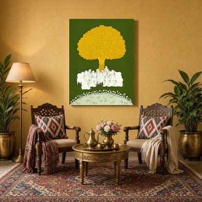 Immerse yourself in the tranquil beauty of this Pichwai artwork, depicting a serene gathering of for Sitting Area