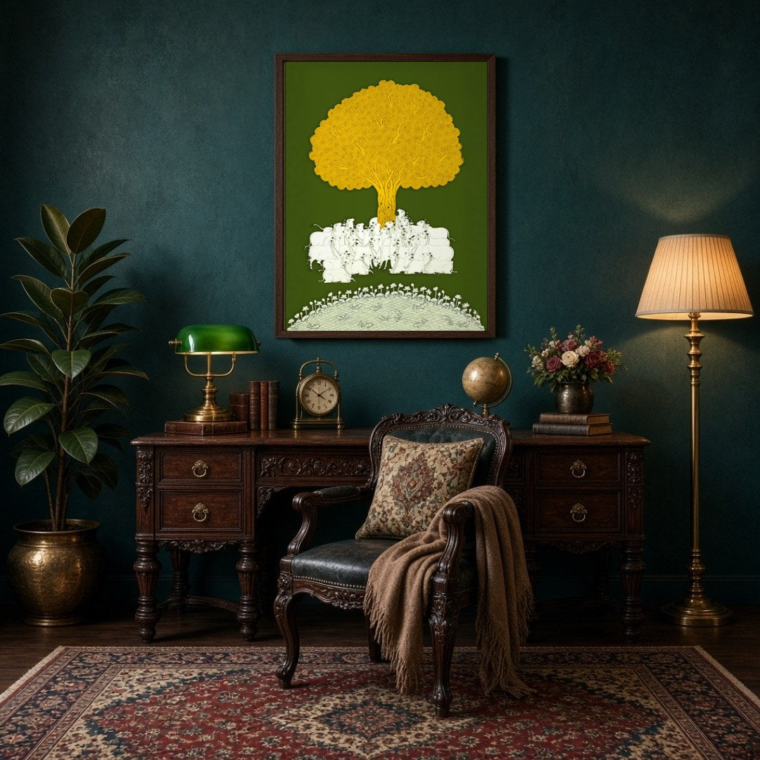 Immerse yourself in the tranquil beauty of this Pichwai artwork, depicting a serene gathering of for Study