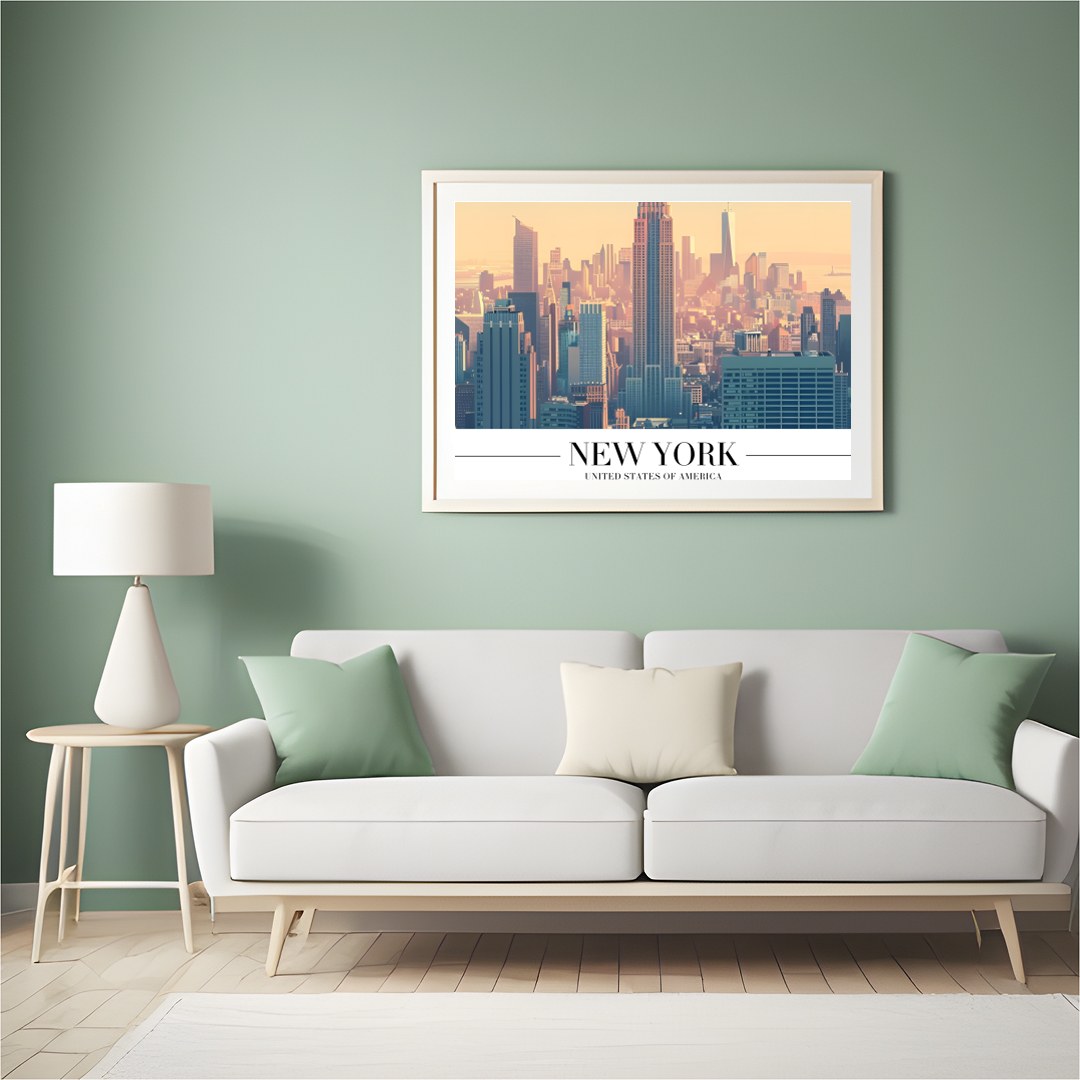 Capture the tranquil beauty of New York at dawn with this stunning artwork. The soft pastel hues for Hall