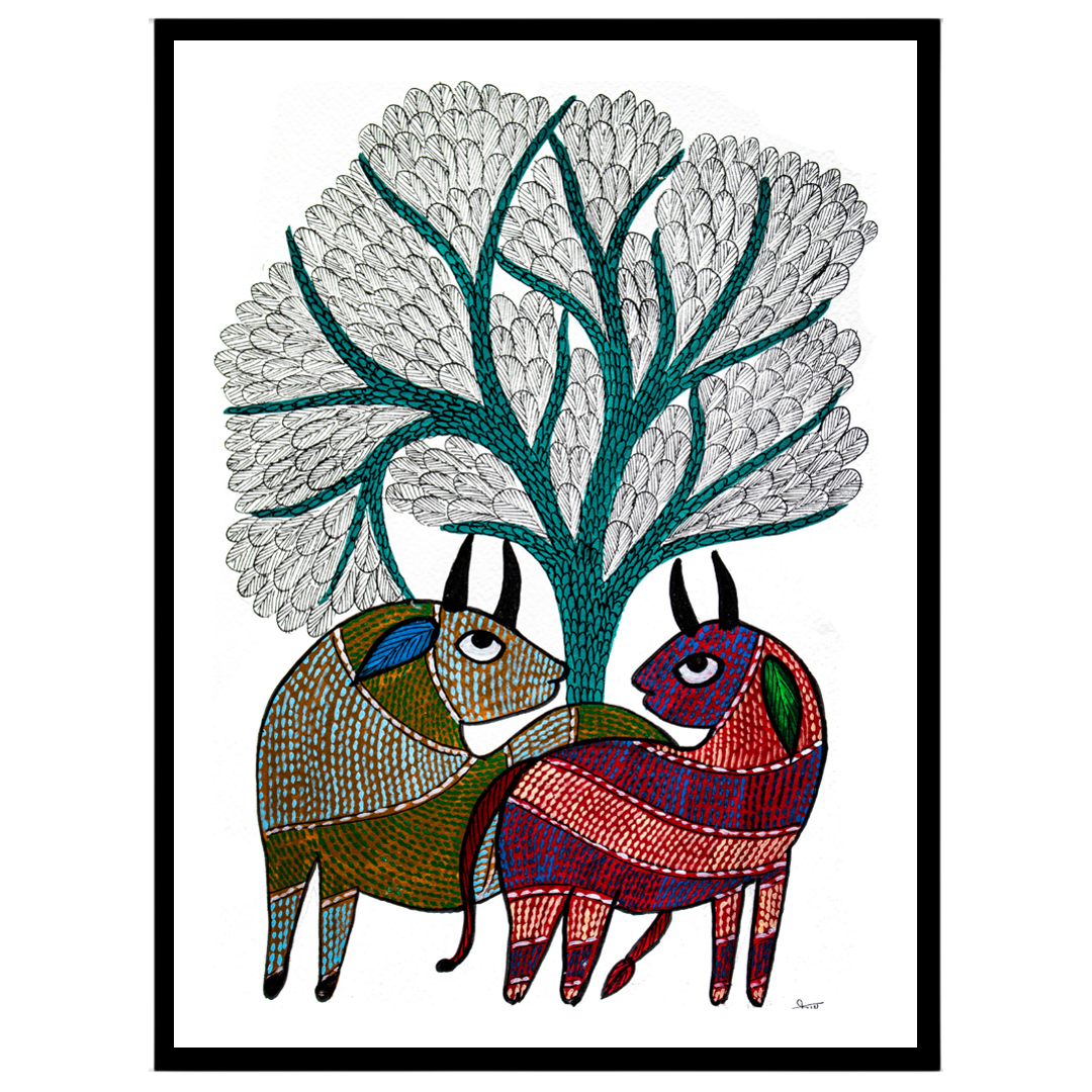This exquisite Gond art piece captures two deers gracefully nestled under a majestic Tree of Life. for bedroom