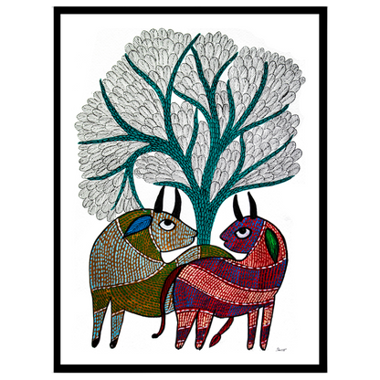 This exquisite Gond art piece captures two deers gracefully nestled under a majestic Tree of Life. for bedroom