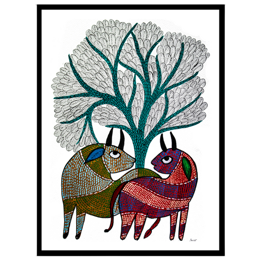 This exquisite Gond art piece captures two deers gracefully nestled under a majestic Tree of Life. for bedroom