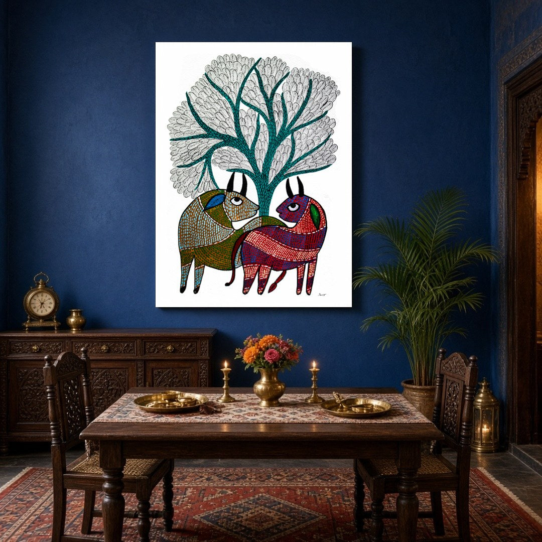 This exquisite Gond art piece captures two deers gracefully nestled under a majestic Tree of Life. for Dining
