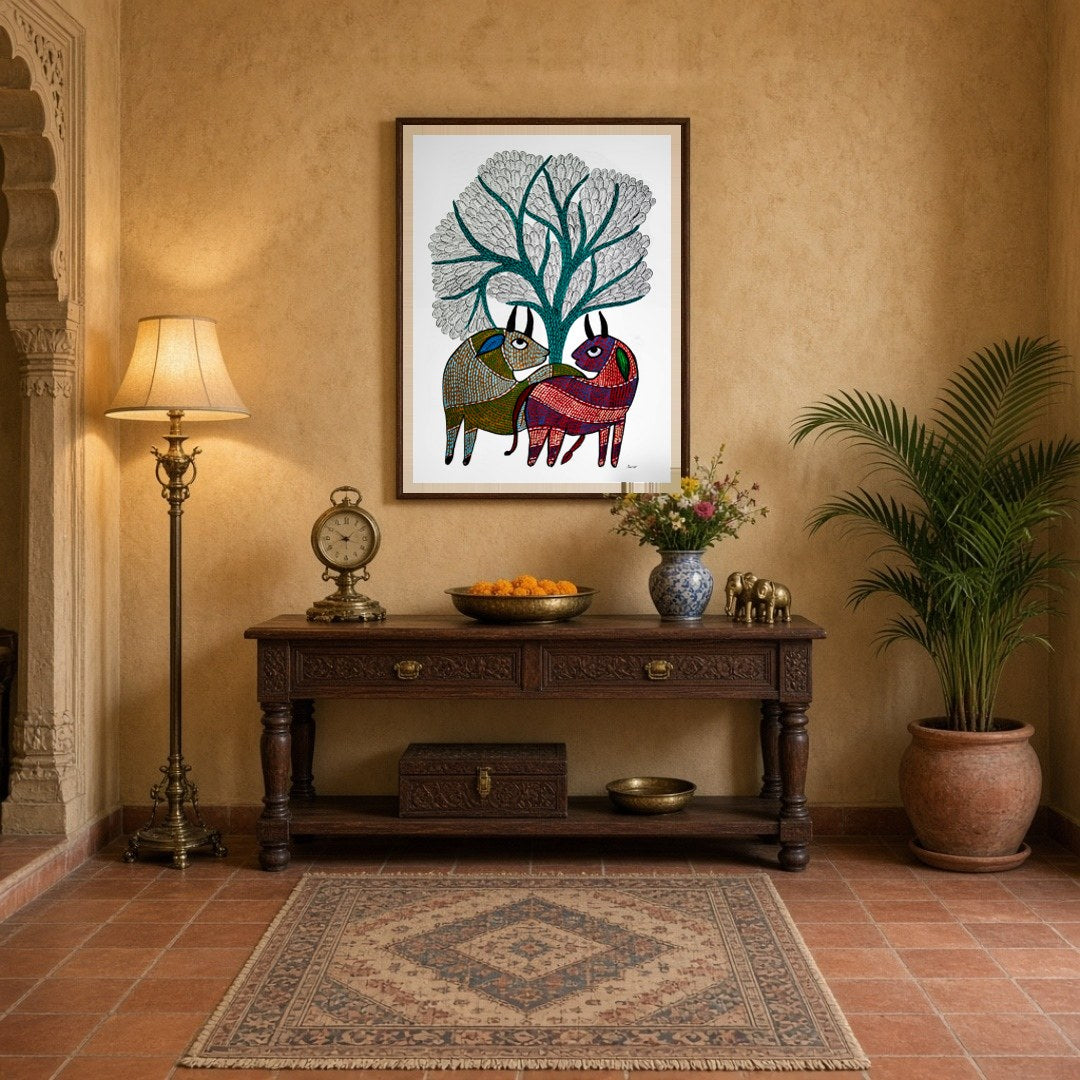 This exquisite Gond art piece captures two deers gracefully nestled under a majestic Tree of Life. for Entrance