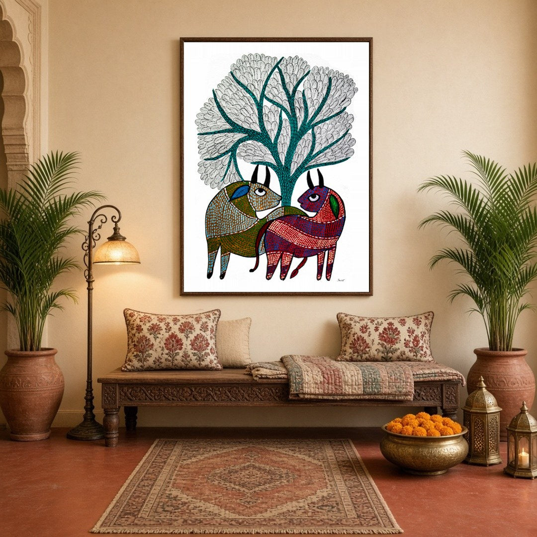 This exquisite Gond art piece captures two deers gracefully nestled under a majestic Tree of Life. for Hallway