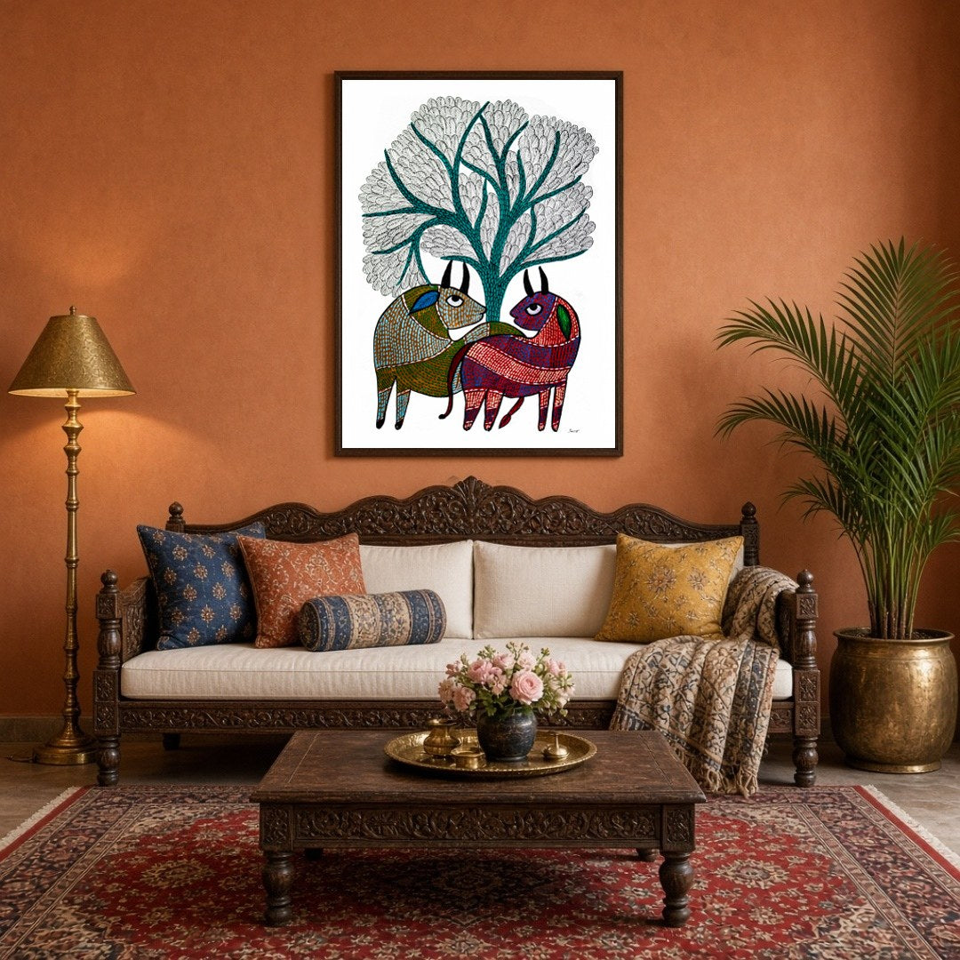 This exquisite Gond art piece captures two deers gracefully nestled under a majestic Tree of Life. for Living Room
