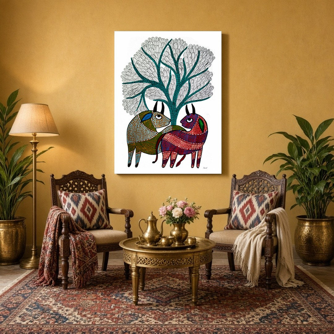 This exquisite Gond art piece captures two deers gracefully nestled under a majestic Tree of Life. for Sitting Area