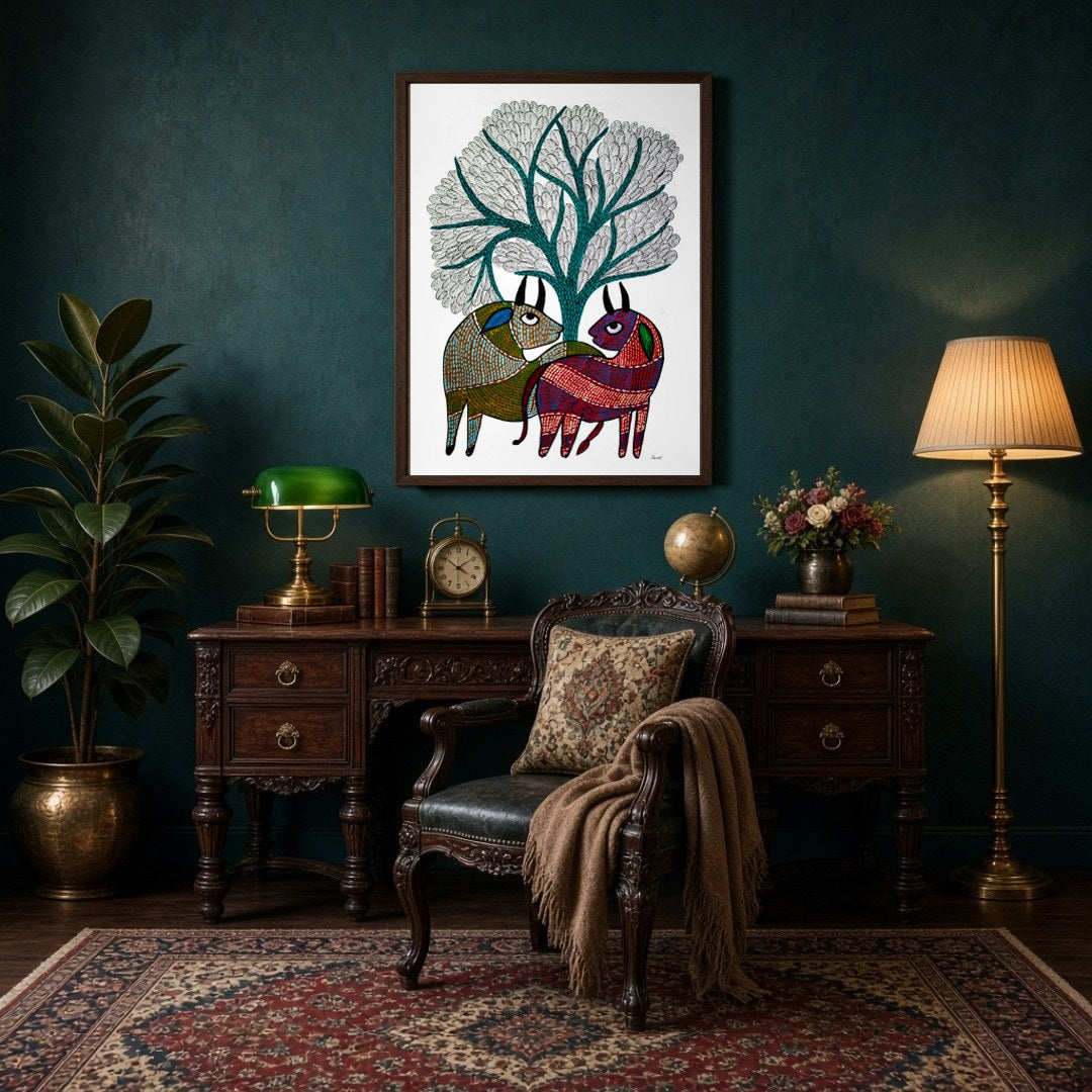 This exquisite Gond art piece captures two deers gracefully nestled under a majestic Tree of Life. for Study