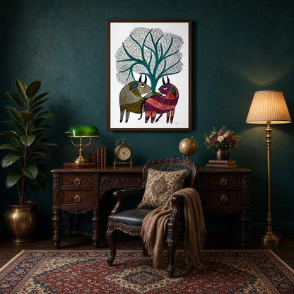 This exquisite Gond art piece captures two deers gracefully nestled under a majestic Tree of Life. for Study