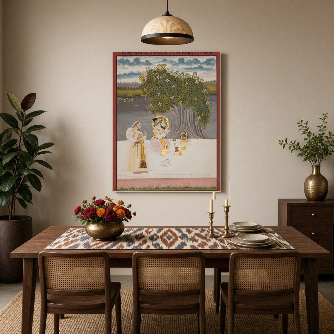 This exquisite artwork captures a tranquil moment of devotion under a lush, flowering tree. The for Dining