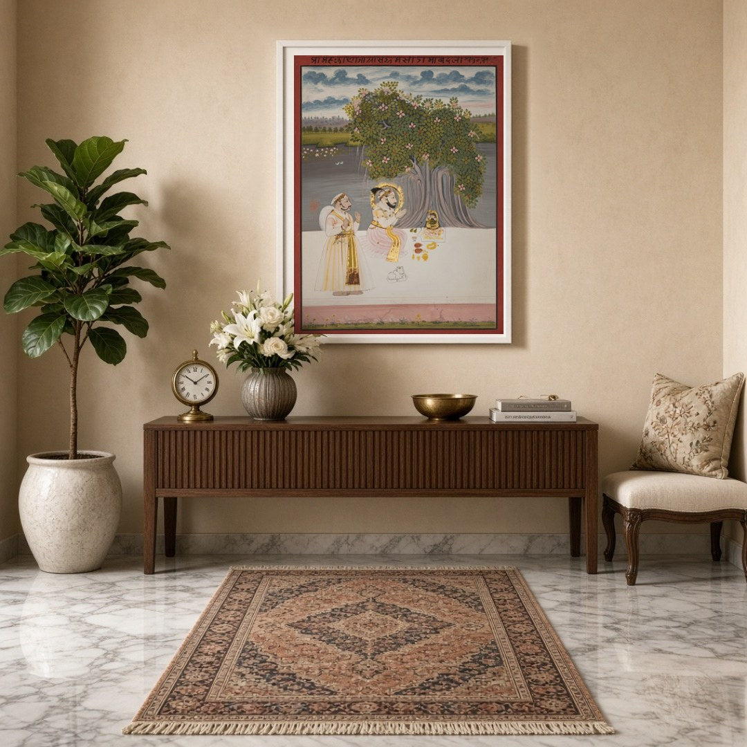 This exquisite artwork captures a tranquil moment of devotion under a lush, flowering tree. The for Entrance