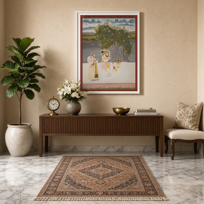 This exquisite artwork captures a tranquil moment of devotion under a lush, flowering tree. The for Entrance