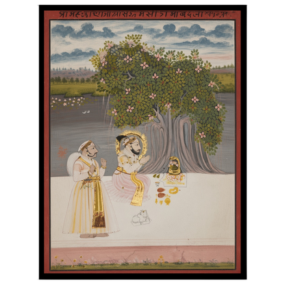 This exquisite artwork captures a tranquil moment of devotion under a lush, flowering tree. The for gallery