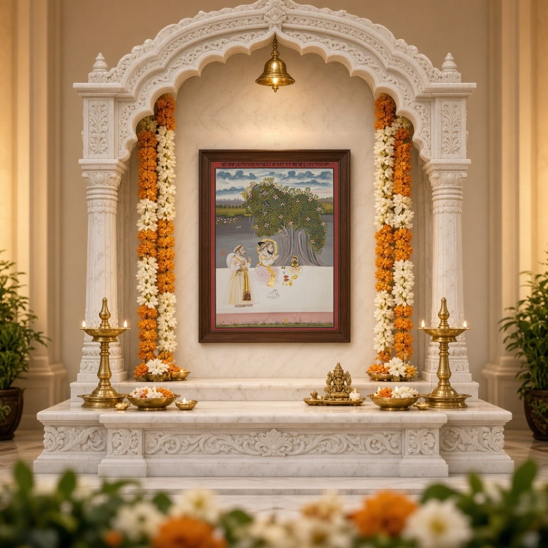 This exquisite artwork captures a tranquil moment of devotion under a lush, flowering tree. The for Home Temple
