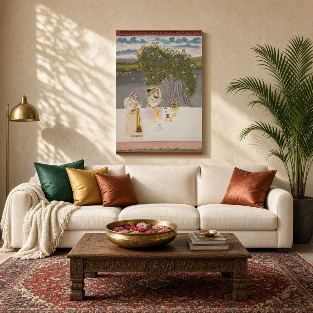 This exquisite artwork captures a tranquil moment of devotion under a lush, flowering tree. The for Living Room