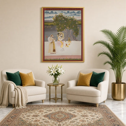 This exquisite artwork captures a tranquil moment of devotion under a lush, flowering tree. The for Sitting Lounge
