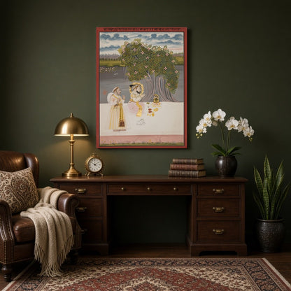 This exquisite artwork captures a tranquil moment of devotion under a lush, flowering tree. The for Study