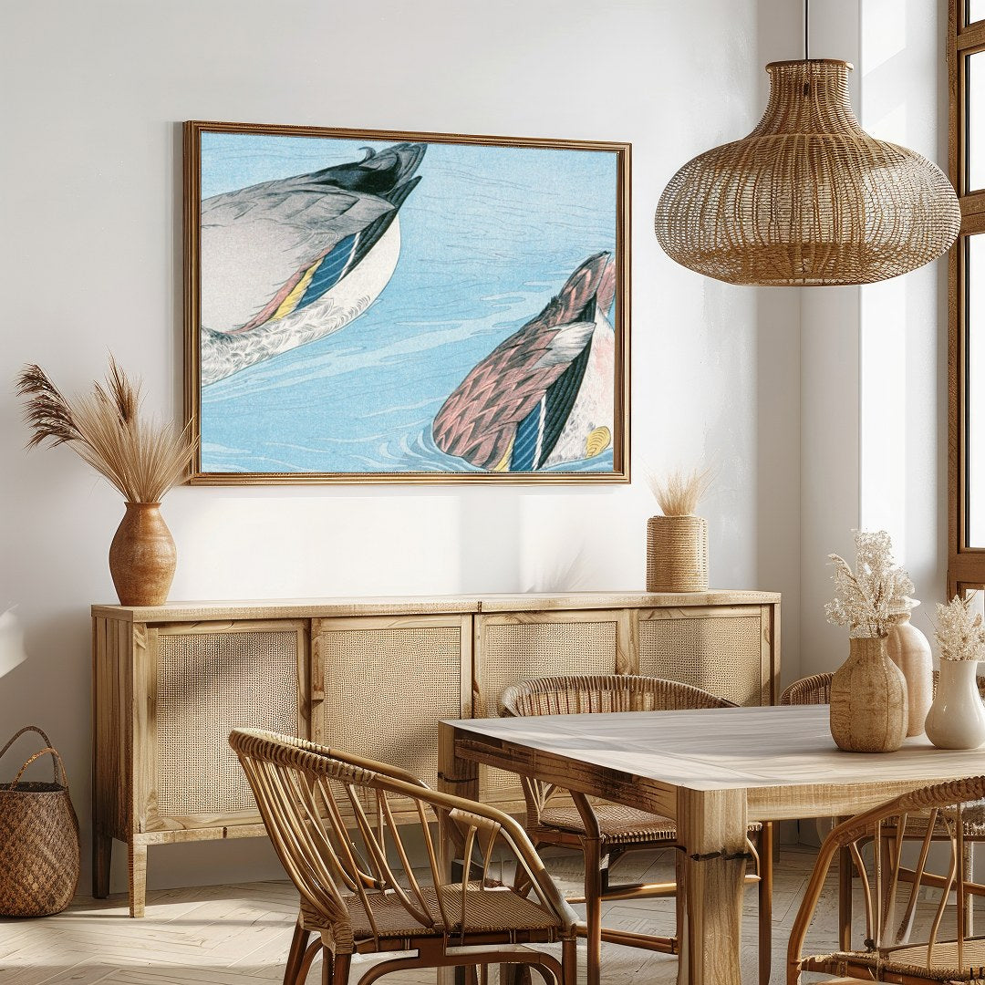 Experience the tranquility of nature with this captivating artwork featuring two ducks gracefully for Dining