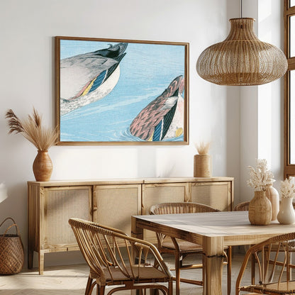 Experience the tranquility of nature with this captivating artwork featuring two ducks gracefully for Dining