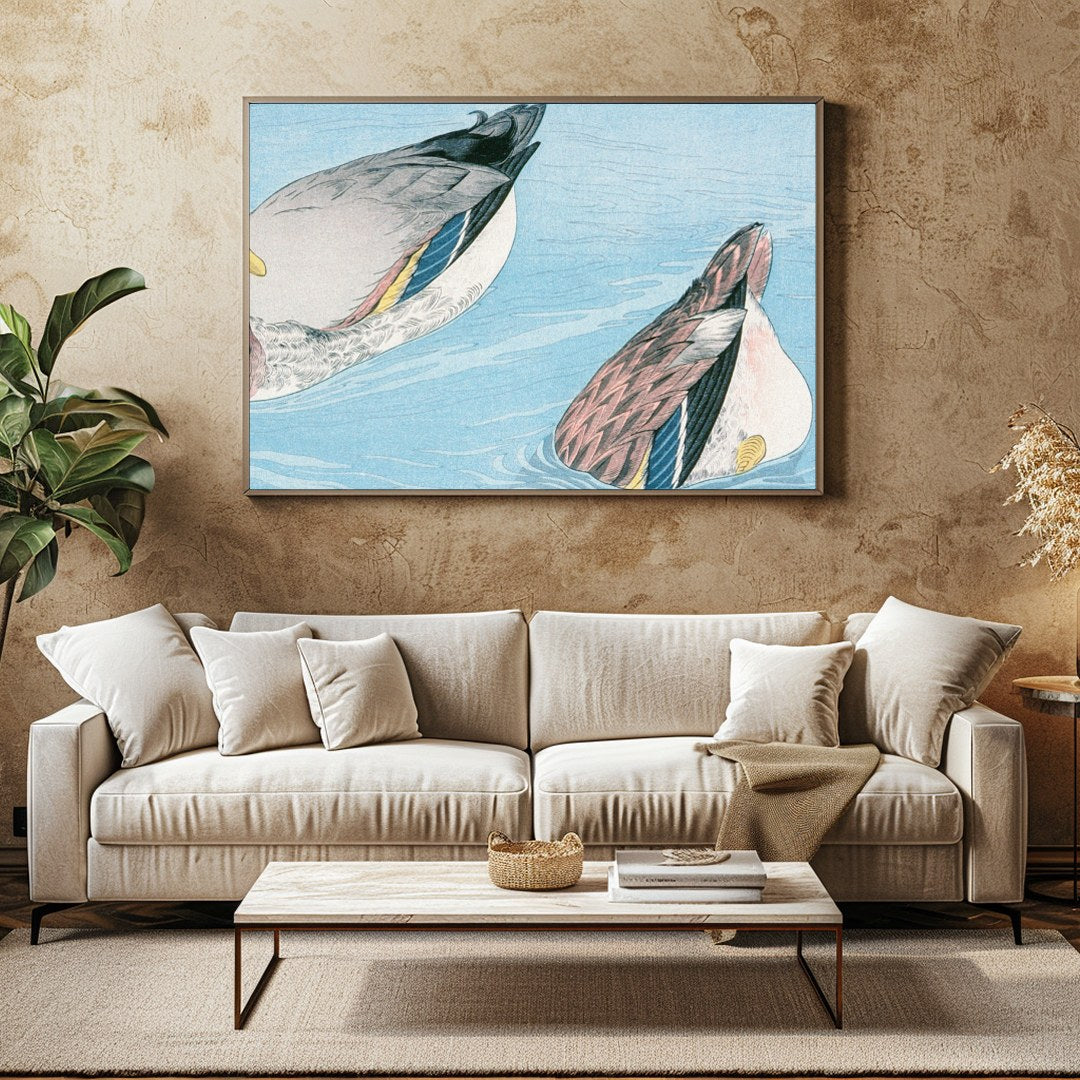 Experience the tranquility of nature with this captivating artwork featuring two ducks gracefully for Family Room