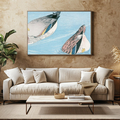 Experience the tranquility of nature with this captivating artwork featuring two ducks gracefully for Family Room