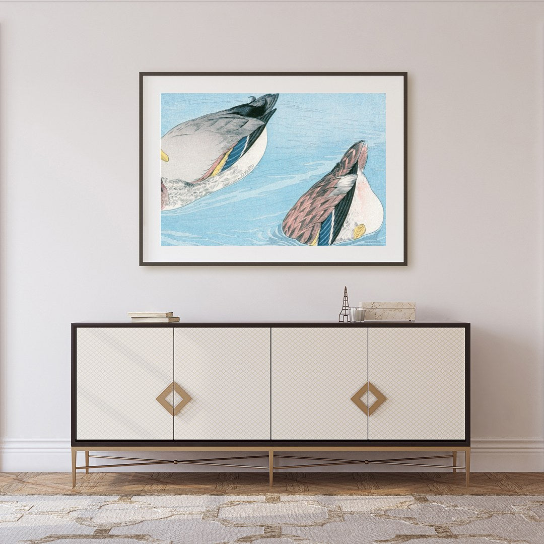 Experience the tranquility of nature with this captivating artwork featuring two ducks gracefully for Foyer