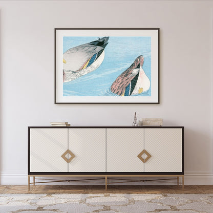 Experience the tranquility of nature with this captivating artwork featuring two ducks gracefully for Foyer